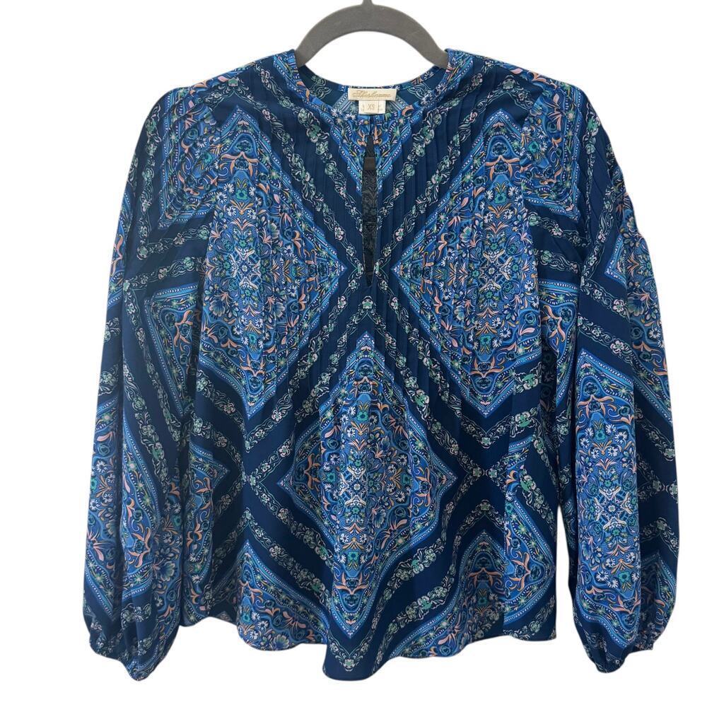 Shoshanna Lara Crepe de Chine Top in "Atlantic Tile Print" Blue Boho Size XS - Picture 4 of 11